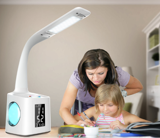 Lâmpada de mesa do diodo emissor de luz com tomada elétrica, calendário, exposição da temperatura, iluminação da cabeceira, estudo, leitura para crianças